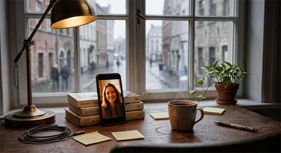 A desk by a window in the morning, with a phone propped up beside a mug.