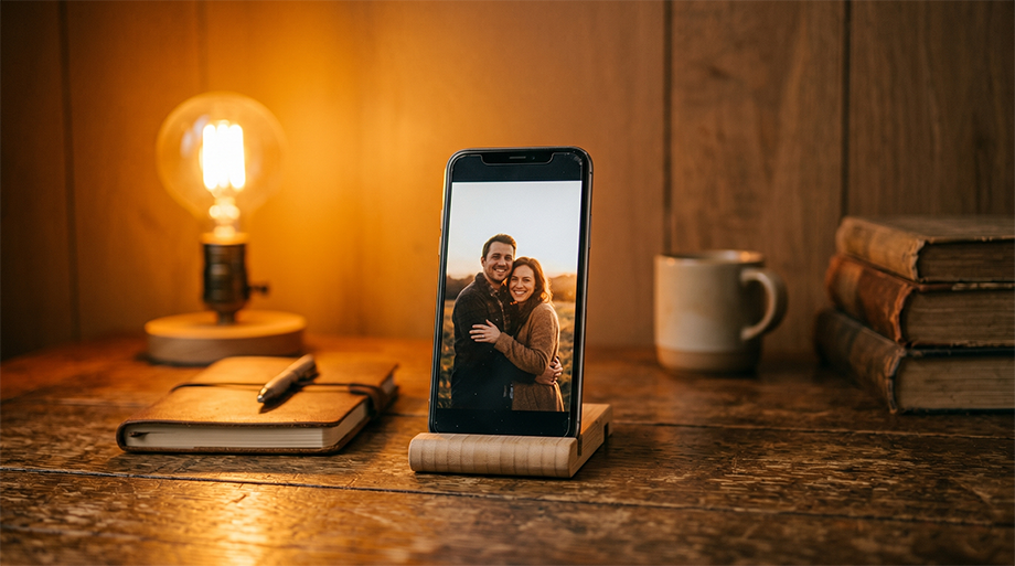 An older phone standing on a desk showing a full-screen photo of two people.