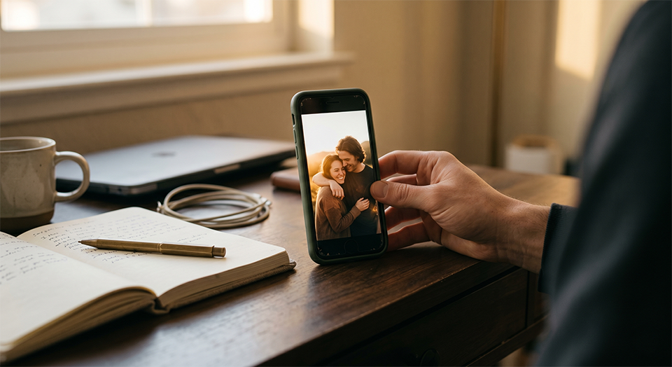 A hand placing a spare phone upright on a desk next to a notebook.