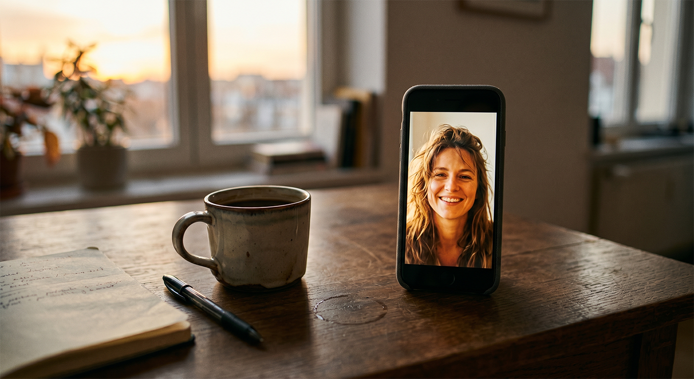 A spare phone standing upright on a desk like a small frame, showing a warm photo, beside a mug in soft evening light.